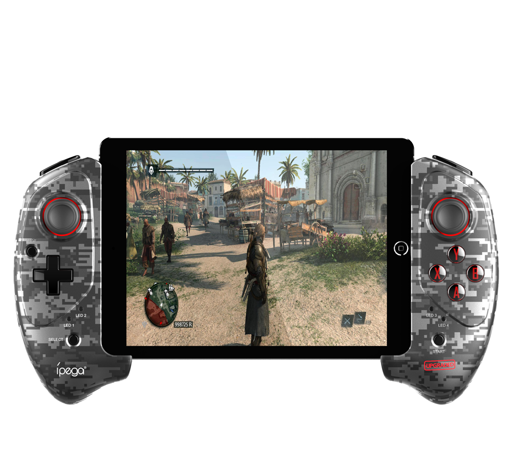 Game controller with camouflage design displaying a video game on a screen