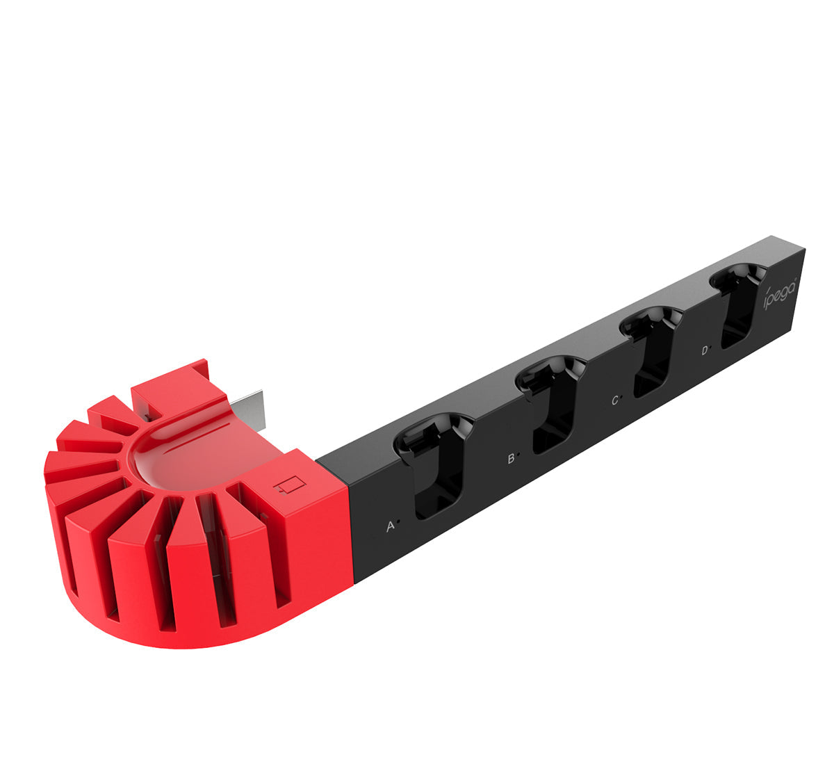 Red and black tool holder with multiple slots on a white background