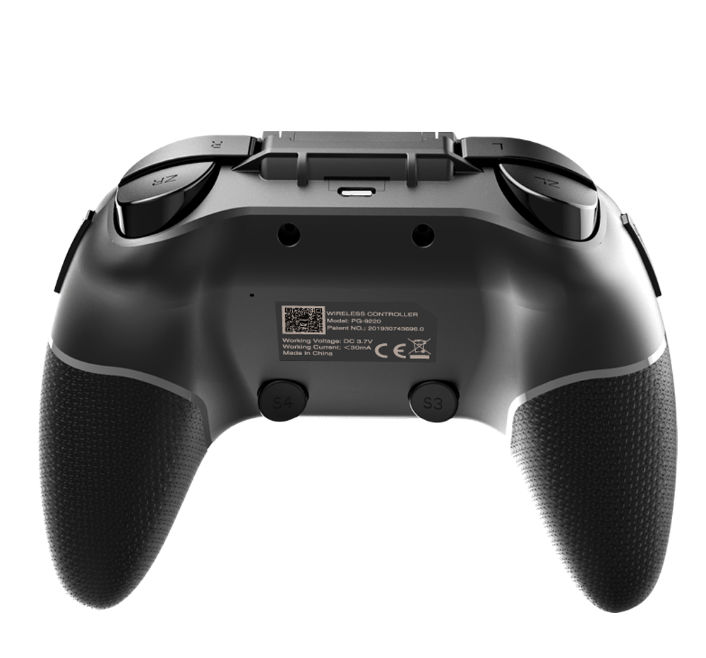 Black gaming controller with text on a white background