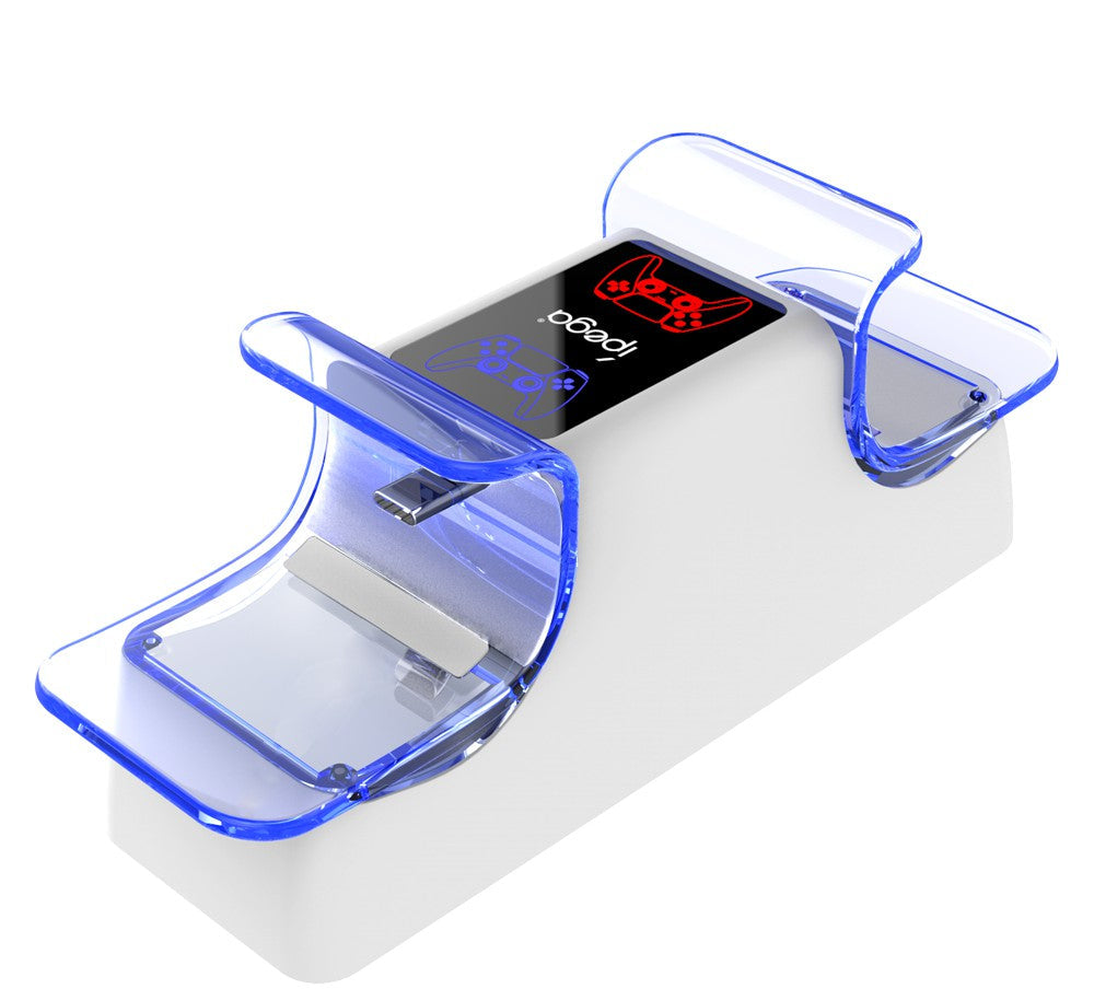 Clear plastic stand with electronic device on a white background