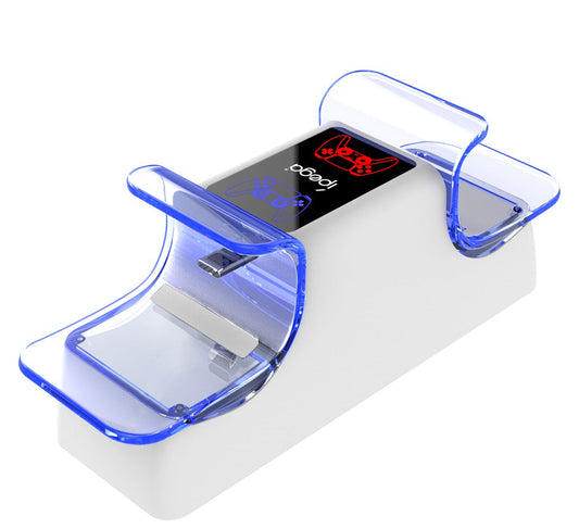 Clear plastic stand with electronic device on a white background