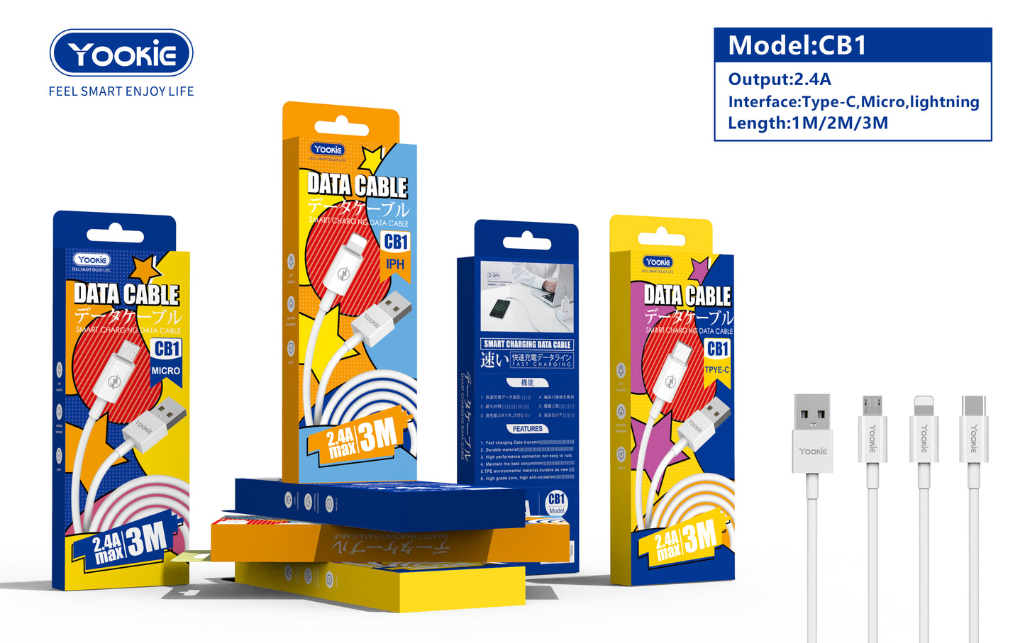 YOOKIE CB1 1m/2m/3m Data Cable USB Phone Cable 2.4a Flexible Type Material Fast Charging Cable